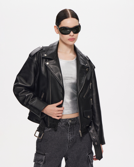 Куртка-косуха из натуральной кожи гладкая с молниями