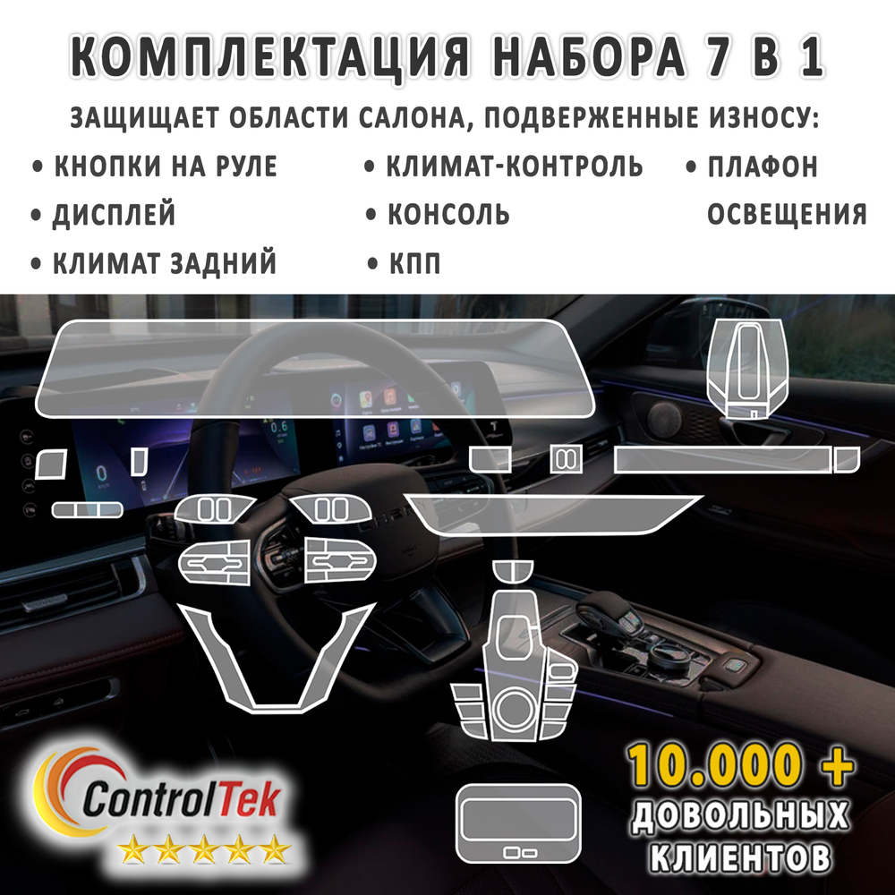 Chery Tiggo 8 Pro Max (2023) - комплект защитных матовых пленок 7 в 1. Пленка защитная ControlTek HYBRID со слоем TOP COAT. Толщина: 6 mil. (175 мкм.)