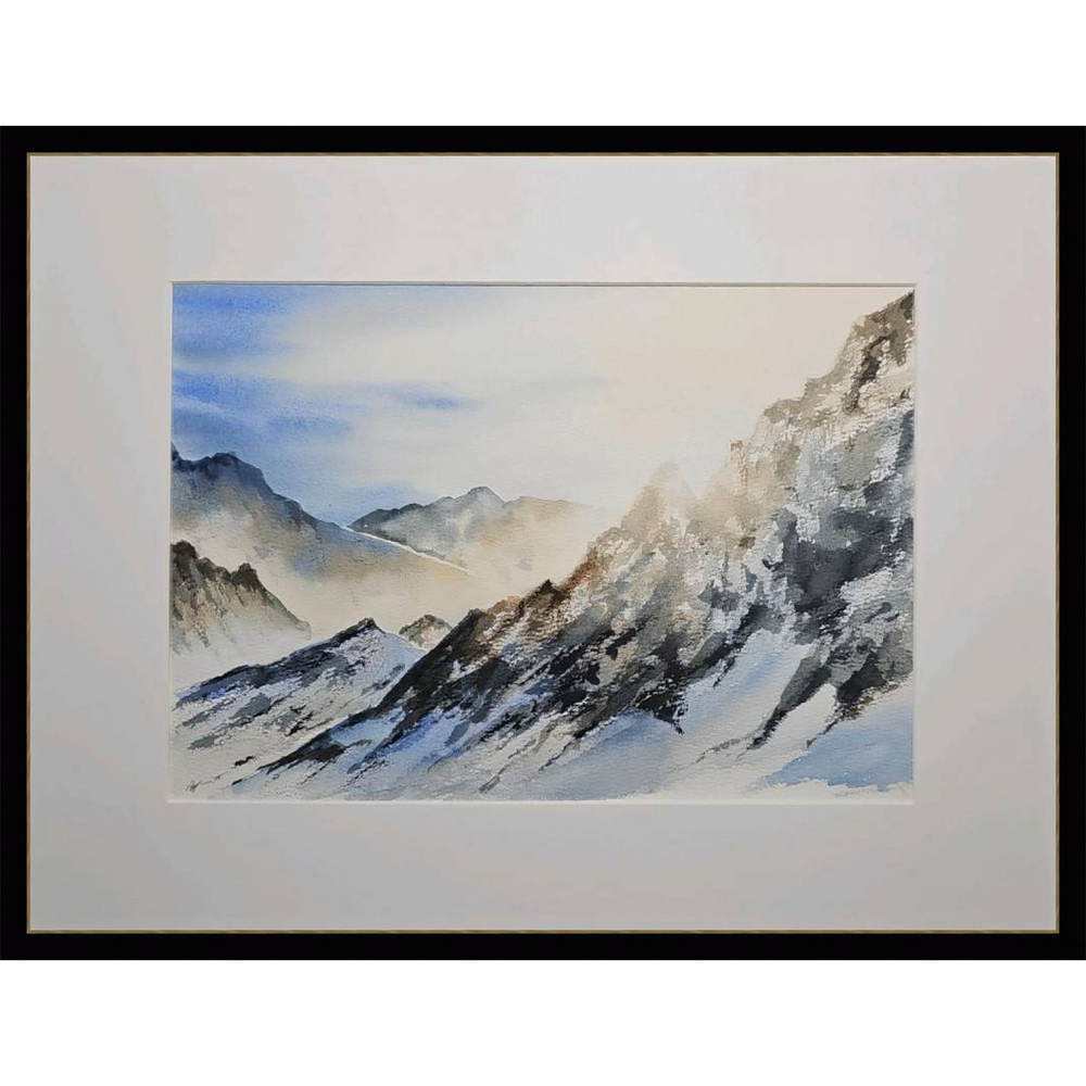 Картина авторская акварельная в паспарту 30х40 см на стену для интерьера "Горный пейзаж в стиле Franco Pretti"