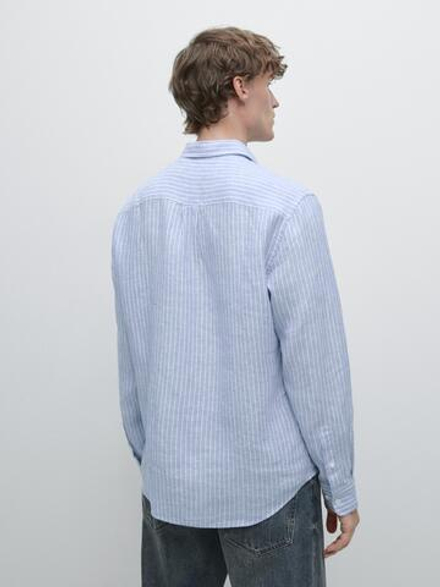 Massimo Dutti Полосатая льняная рубашка стандартного кроя, светло-голубой