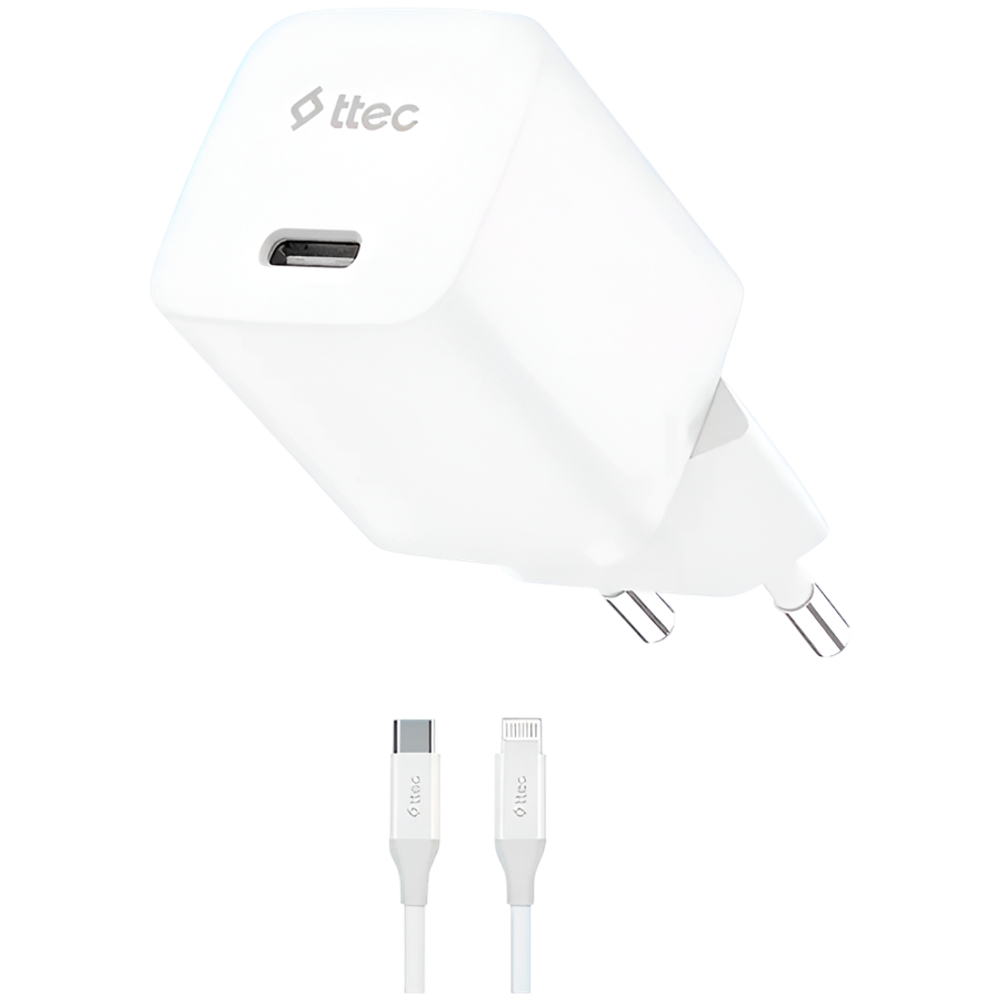 ttec SmartCharger GAN 30W PD Travel Fast Charger + USB-C - Lightning Cable 150cm, White
