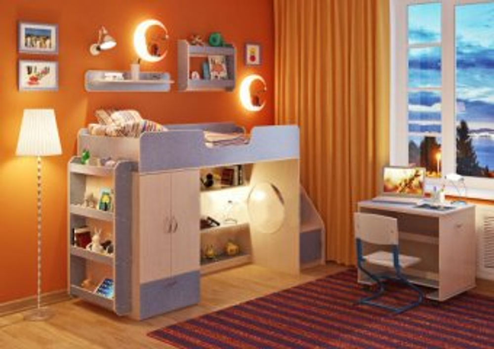 Кровать-чердак КарИВи Легенда 3.6 с полками  Дуб Молочный Светло-синий, голубой