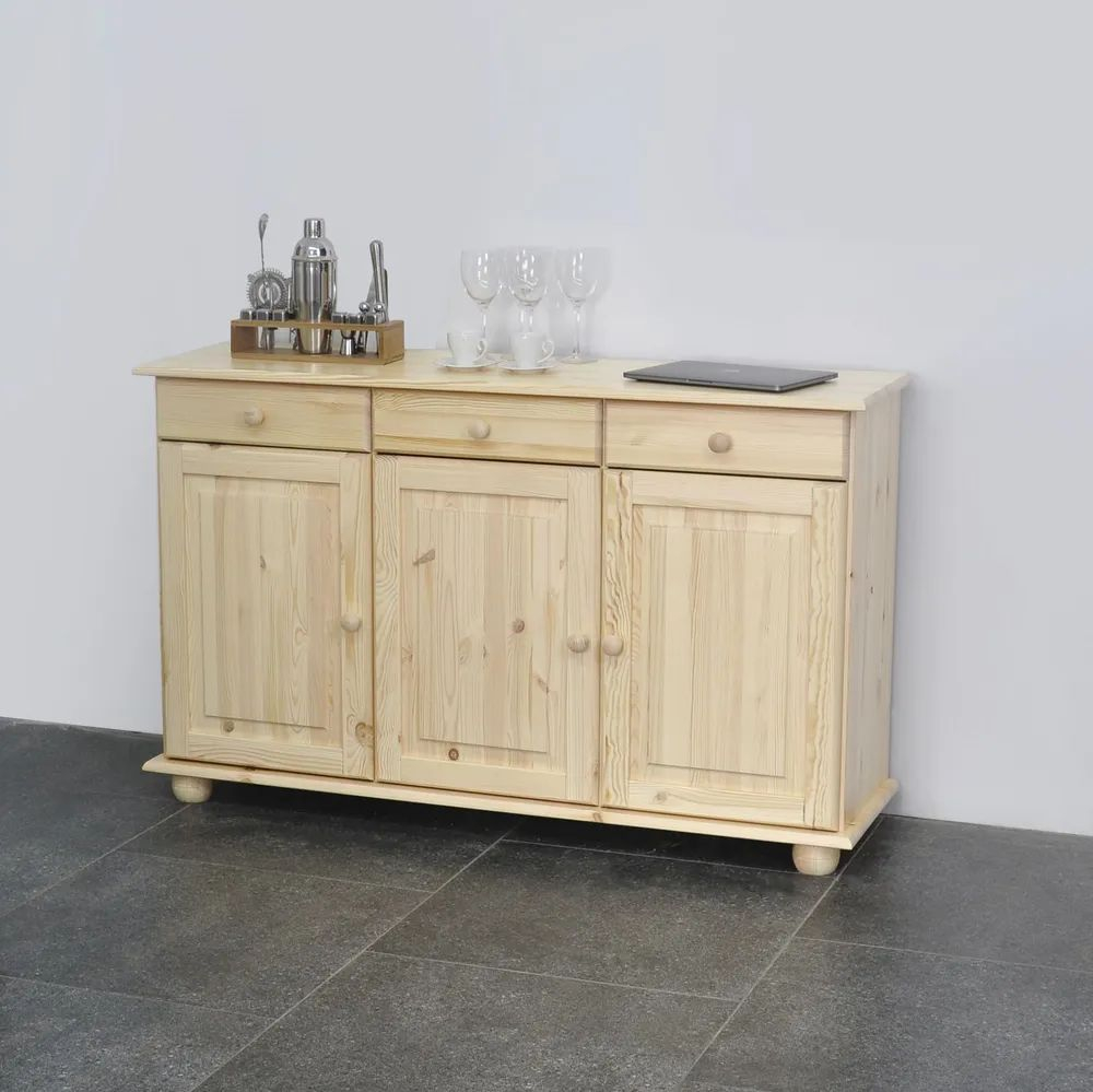 Тумба 132х39х83, Лена, в прихожую, гостиную, кухонная трехдверная, массив сосны, с ящиками (нижняя часть буфета Лена), прозрачный лак, Dipriz