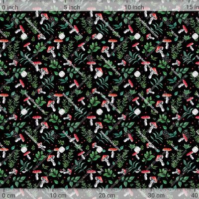 Акварельные мухоморы и листья на черном фоне by Loft Bat 698 DPI