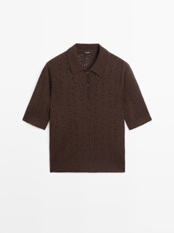 Massimo Dutti Трикотажное поло из смесовой шерсти с короткими рукавами, шоколадный