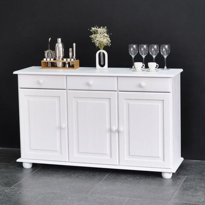 Тумба Лена трехдверная из сосны, с ящиками (нижняя часть буфета Лена), белый воск