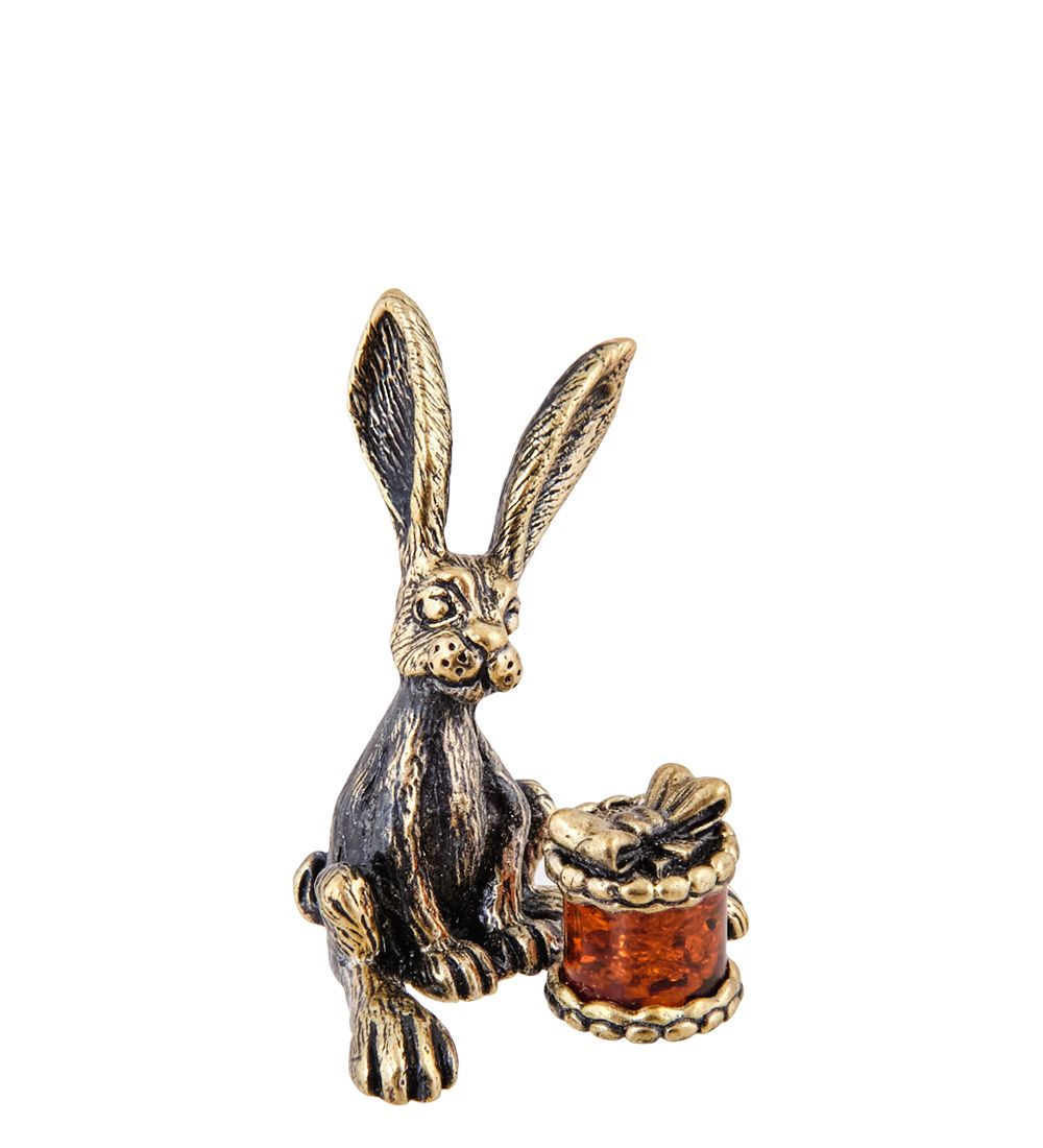 AM-3661 Фигурка «Зайчик с Подарочком» (латунь, янтарь)