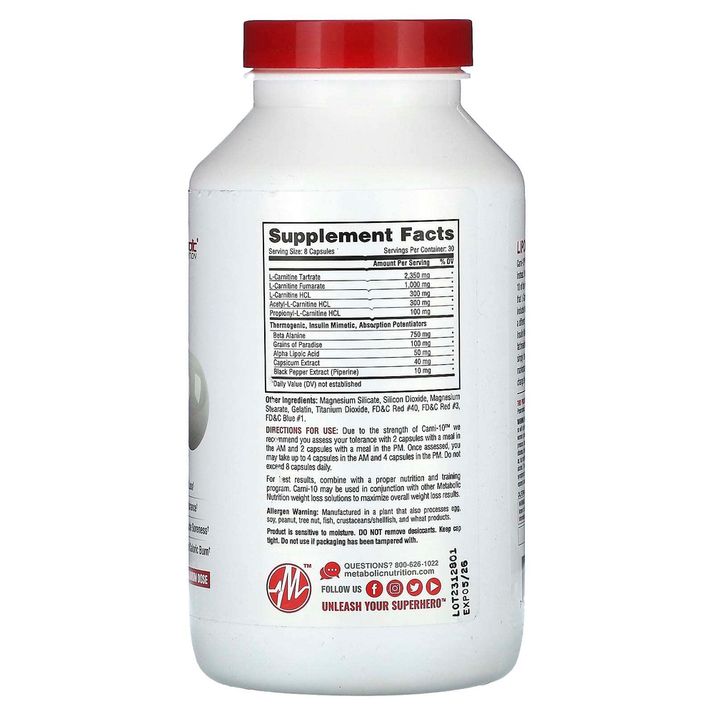 Metabolic Nutrition, Carni-10, 5000 мг, 240 капсул (625 мг в 1 капсуле)