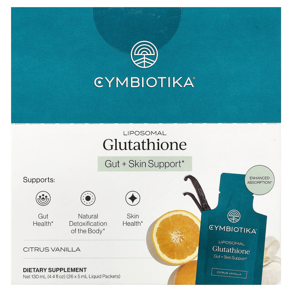 Cymbiotika, липосомальный глутатион, цитрус и ваниль, 26 пакетиков с жидкостью, 5 мл (0,17 жидк. унции) каждый