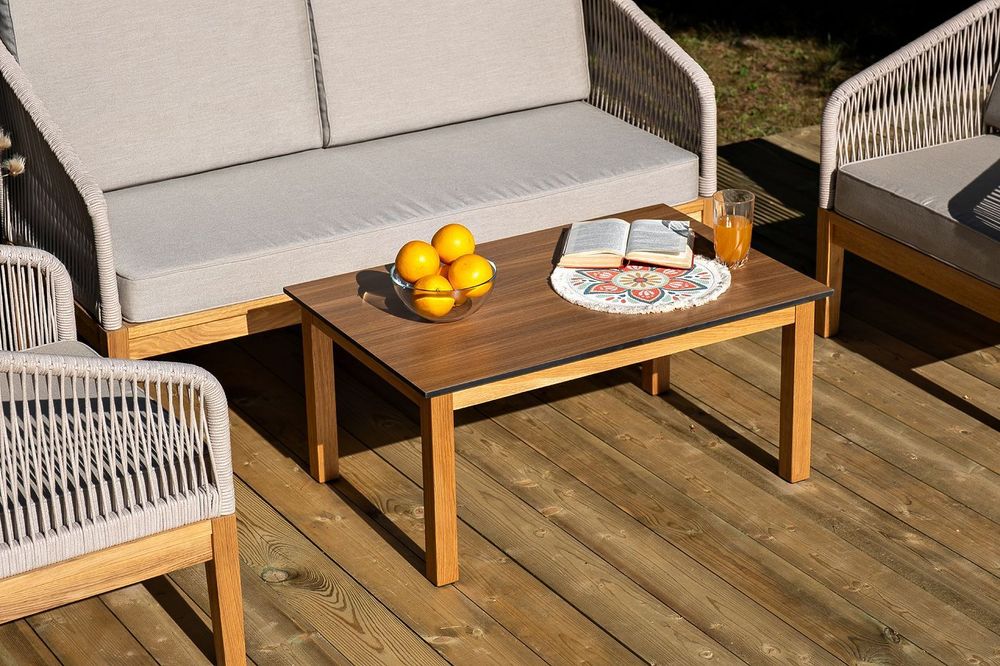 "Канны" лаунж-зона 4-местная из роупа со столиком "Канны" цвета "дуб", основание дуб, роуп бежевый