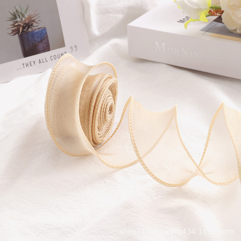 Лента декоративная (4 см*9,14 м) Органза с леской, Золотистый бежевый, 1 шт., 6233771