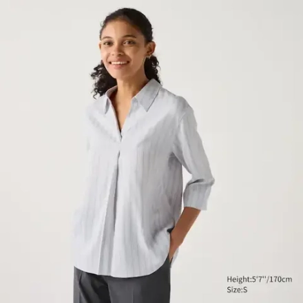 UNIQLO БЛУЗКА СО ШКИПЕРСКИМ ВОРОТНИКОМ ИЗ ВИСКОЗЫ (В ПОЛОСКУ, РУКАВ 3/4), СВЕТЛО-СЕРЫЙ
