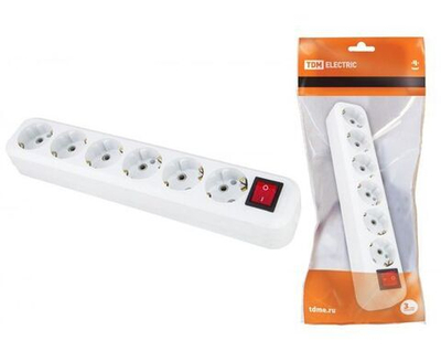 Колодка 6гн. с/з с выкл 16А 250В белая TDM 1806-0040