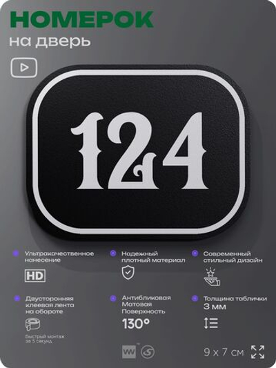 Номерок на дверь квартиры 124, для кабинета, офиса, шильдик 9 х 7 см, черный, Айдентика Технолоджи