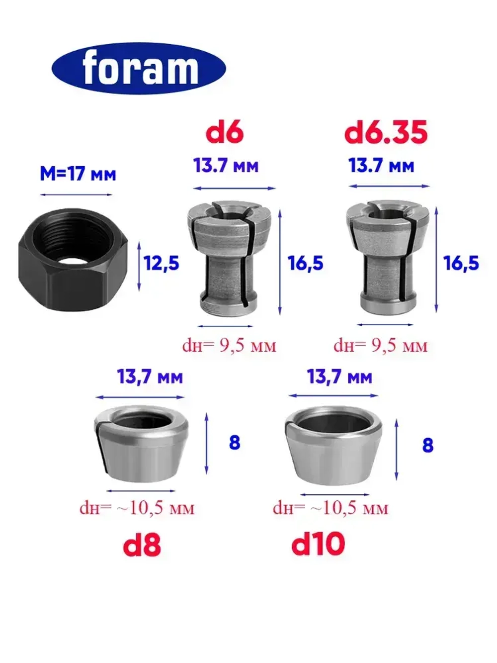 Цанга для фрезера, FORAM, Макита, 6,6.35,8,10 мм