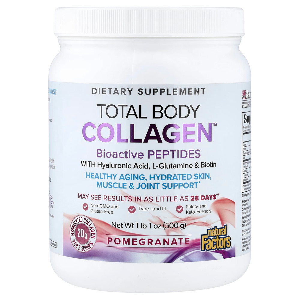 Natural Factors, Total Body Collagen™, биоактивные пептиды, со вкусом граната, 500 г (1 фунт 1 унция)