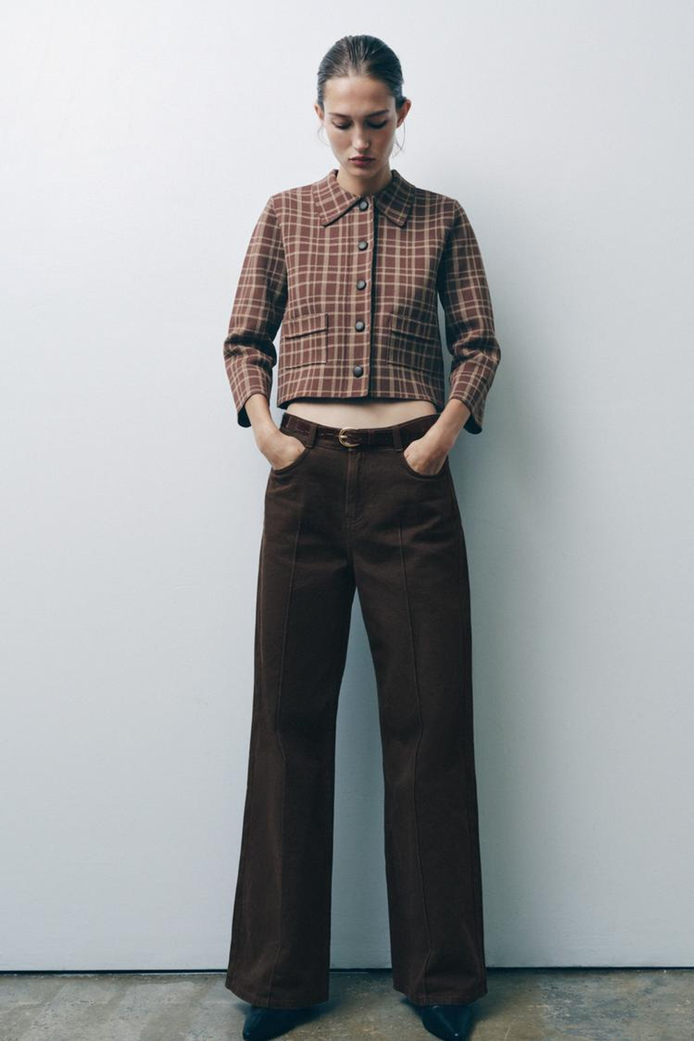 ZARA ЖАКЕТ В КЛЕТКУ, КОРИЧНЕВЫЙ/ЭКРЮ