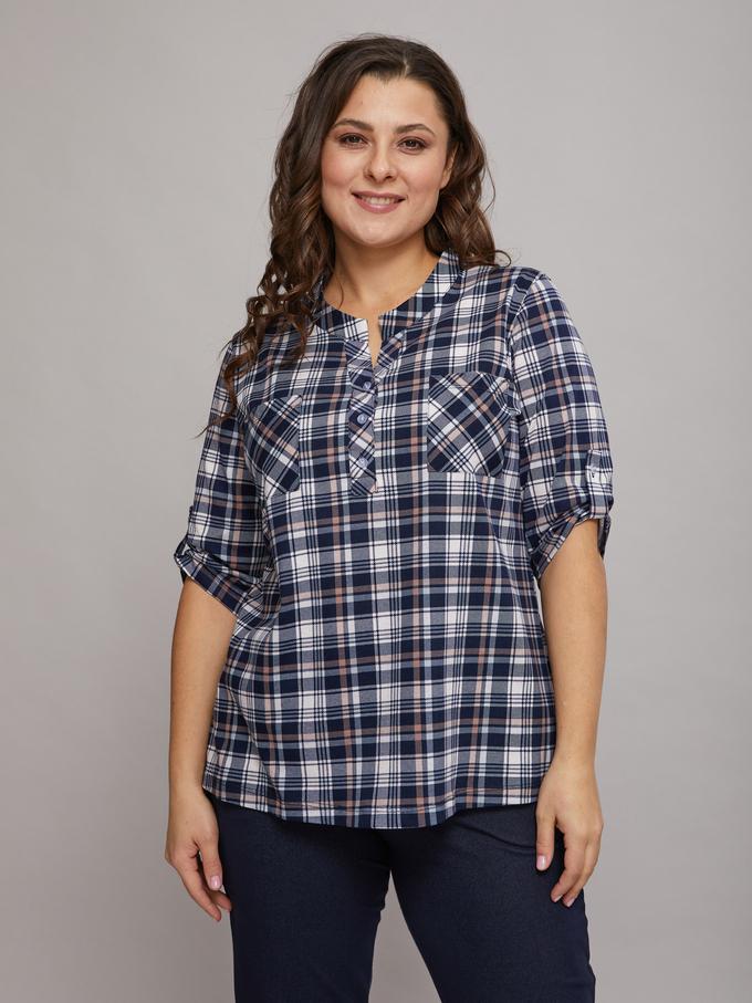 Блузка БЛ-131/синий-бежклетка