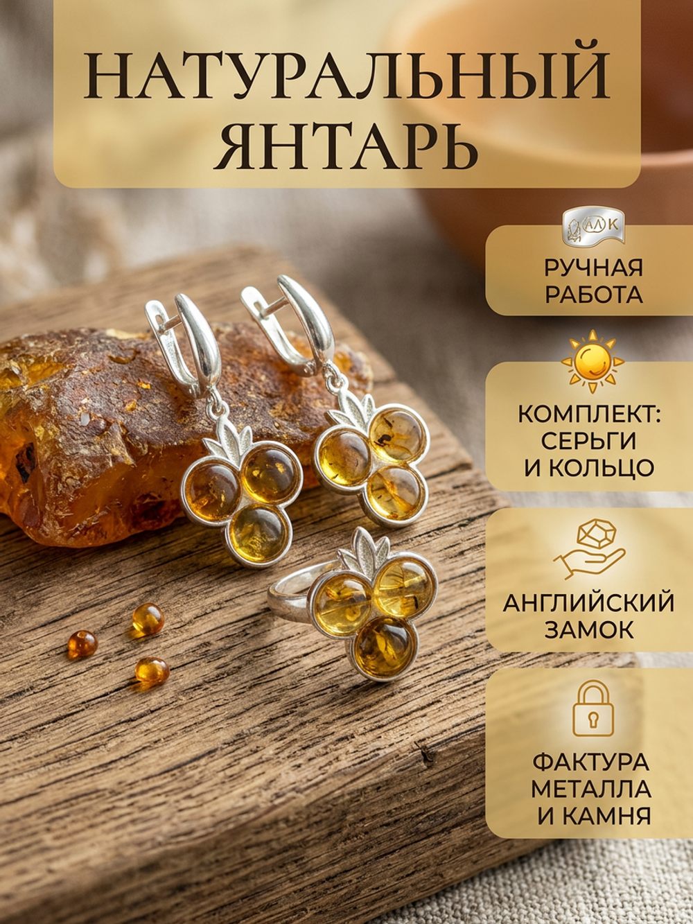 Комплект украшений с янтарём 3 круга 3 листика лимонная