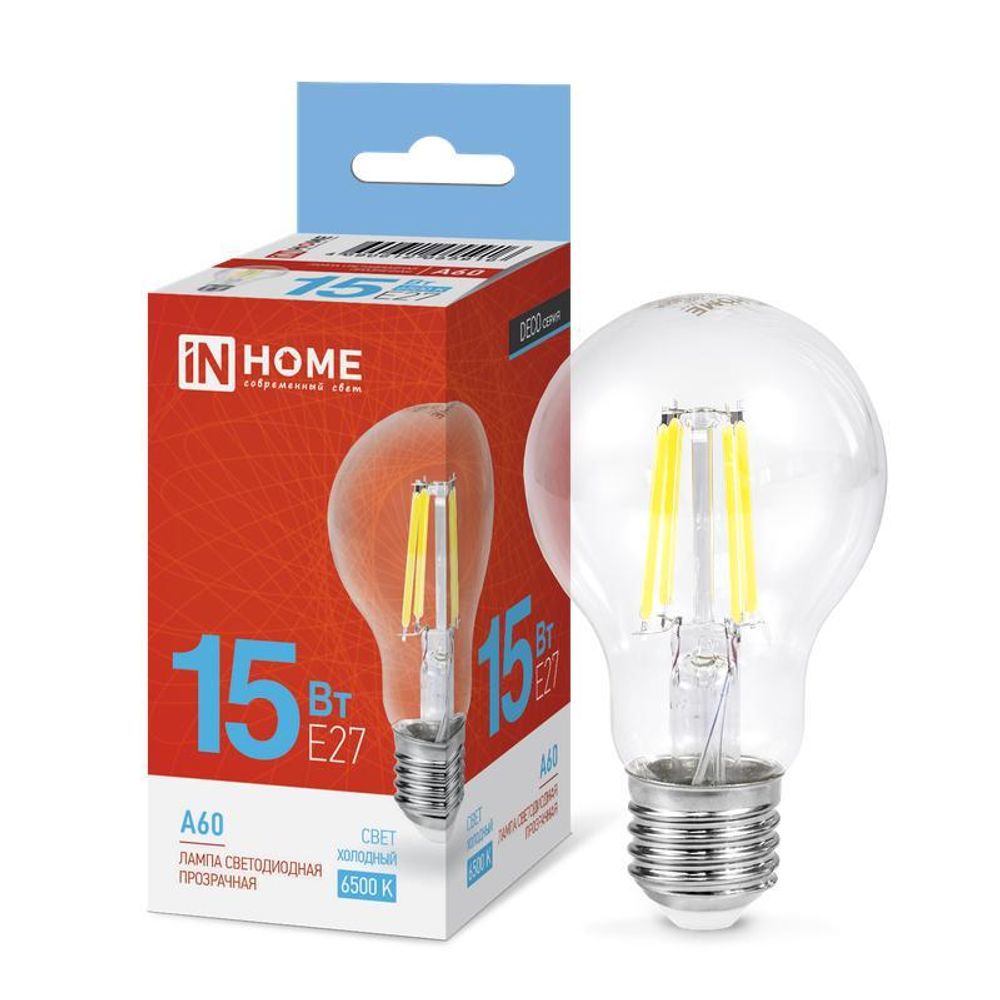 Лампа светодиодная филаментная LED-A60-deco грушевидная прозрачная 15Вт 230В E27 6500К 1480лм IN HOME 4690612055916
