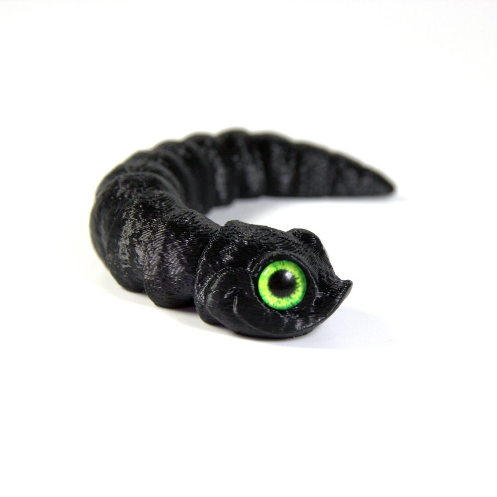 Гибкая игрушка-антистресс, змея с глазами, 3D печать, 13 см., черная