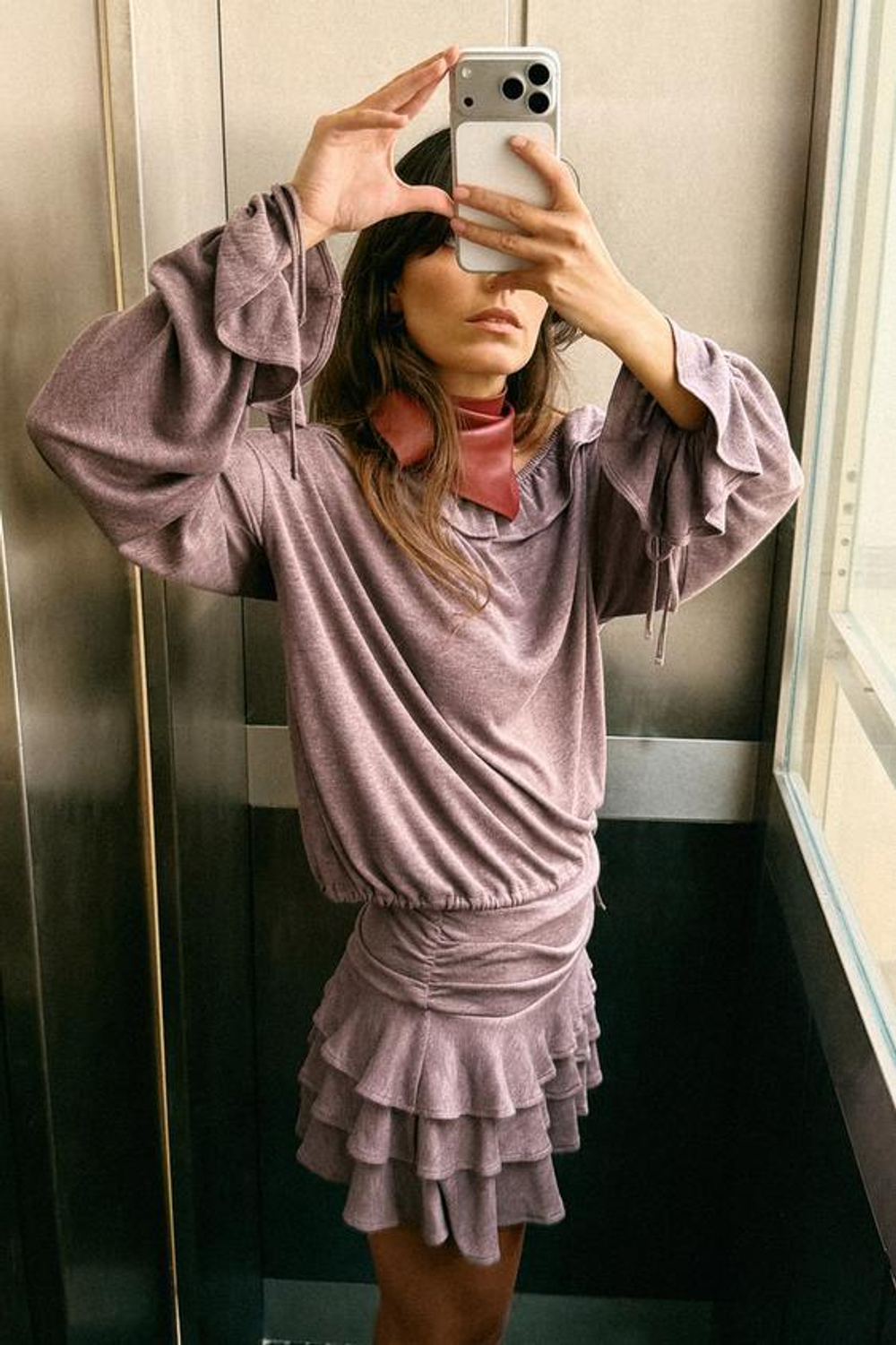 ZARA ЮБКА С МЯГКИМИ ВОЛАНАМИ, КОРИЧНЕВЫЙ МЕЛАНЖ