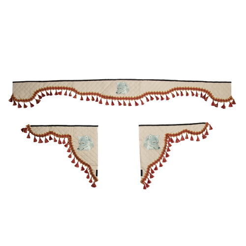 Ламбрекен с косынками универсальные стеганые Волк (экокожа, бежевый, красные кисточки)