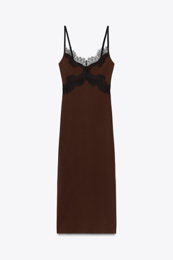 ZARA КОМБИНИРОВАННОЕ КРУЖЕВНОЕ ПЛАТЬЕ, КОРИЧНЕВЫЙ