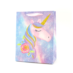 Пакет подарочный "Единорог с цветами" Сиреневый с глиттером 18*10*23 см