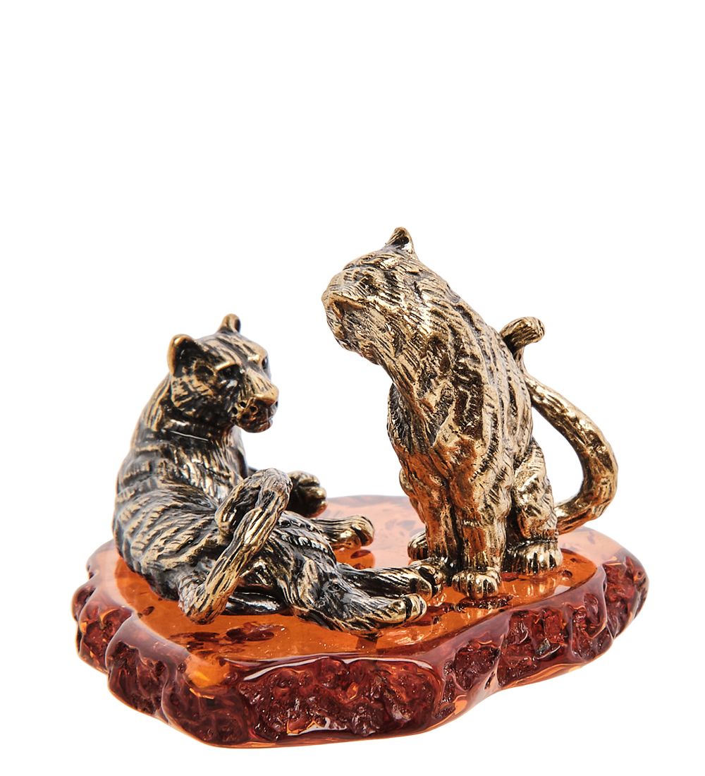 Народные промыслы AM-3180 Фигурка «Тигр с тигрицей» (латунь, янтарь)
