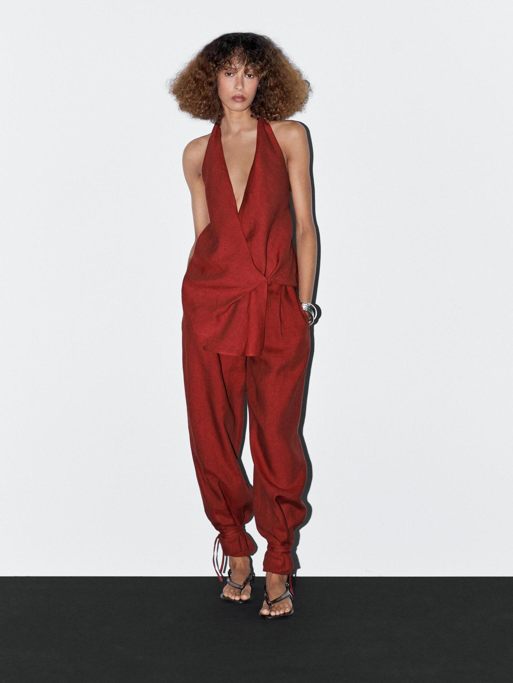 Massimo Dutti Брюки из 100% льна с бантом, темно-розовый