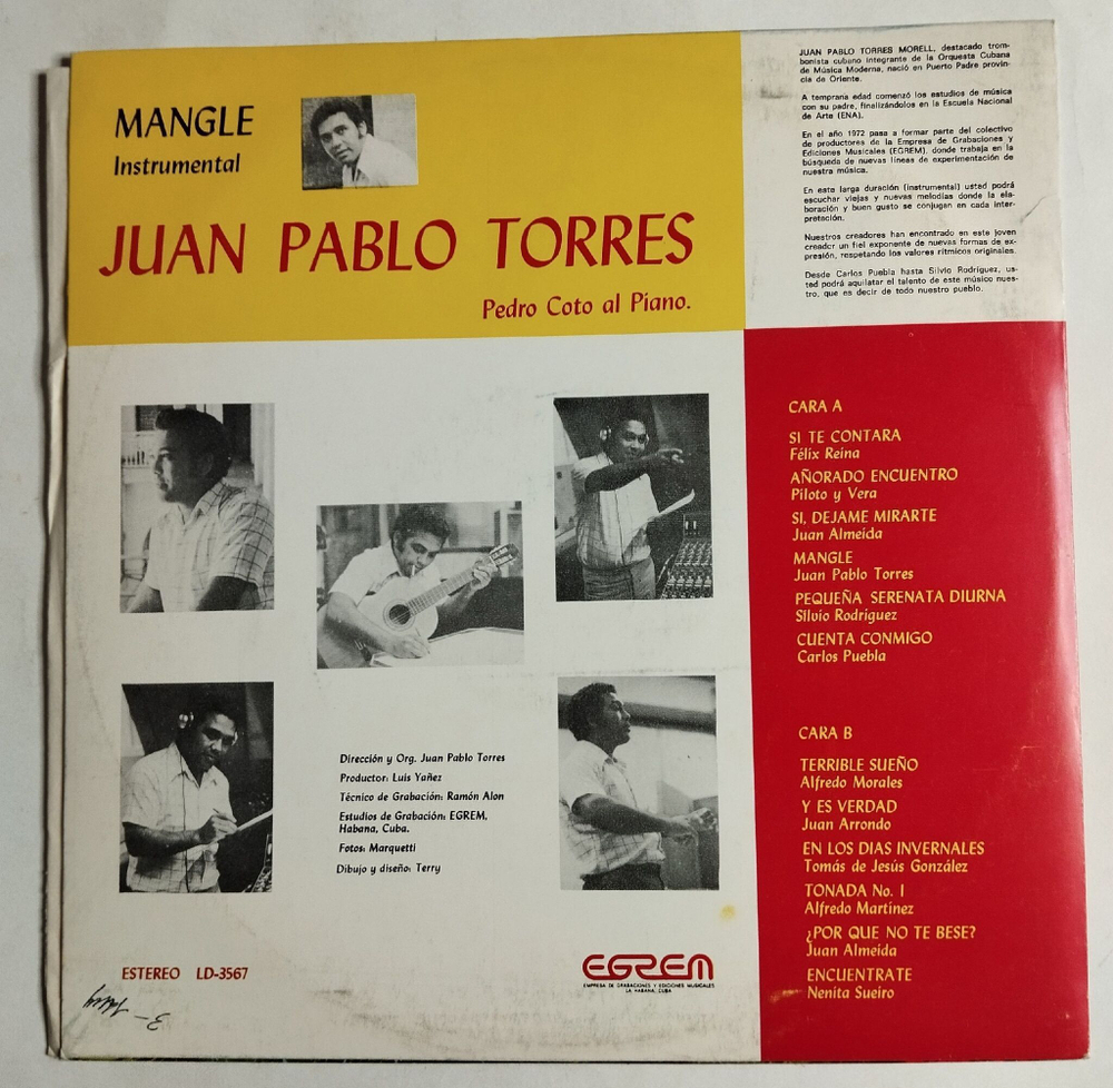 Винтажная виниловая пластинка LP Juan Pablo Torres Mangle Instrumental (Cuba 1976)