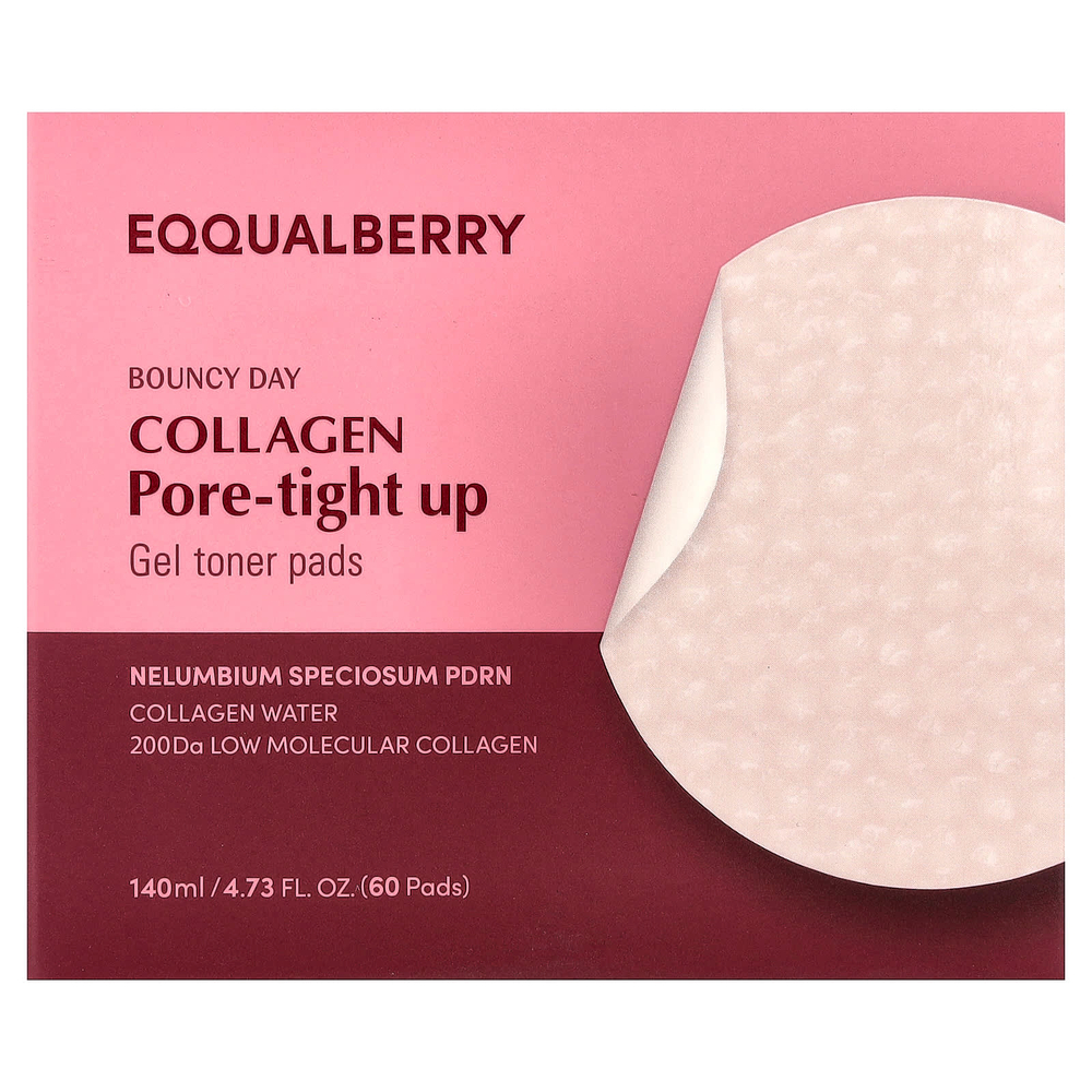EQQUALBERRY, Bouncy Day, Collagen Pore-Tight Up, гелевые тонизирующие диски, с коллагеном, 60 шт.