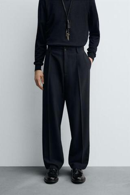 ZARA КОСТЮМНЫЕ БРЮКИ В ПОЛОСКУ, ТЕМНО-СИНИЙ