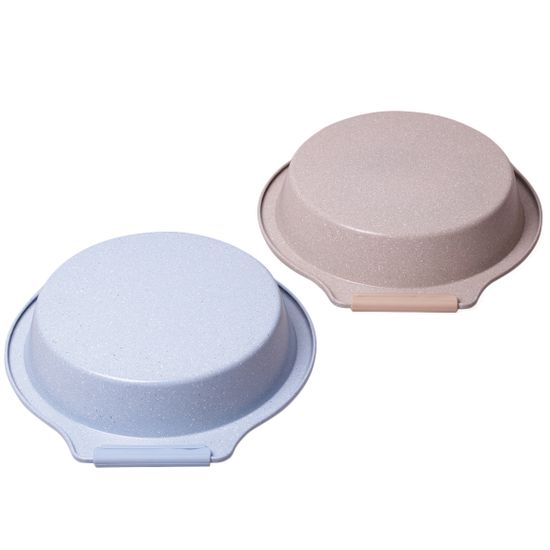 Форма для запекания круглая Kamille KM 6028 (35х32х6 см.) из углеродистой стали, голубой и бежевый мрамор