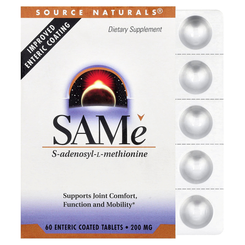 Source Naturals, SAMe, 60 таблеток, покрытых кишечнорастворимой оболочкой (200 мг в 1 таблетке)