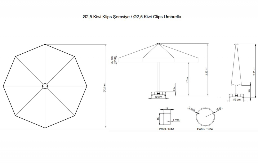 Зонт пляжный профессиональный Ø2.5 м, THEUMBRELA SEMSIYE EVI Kiwi Clips, серебристый, бирюзовый