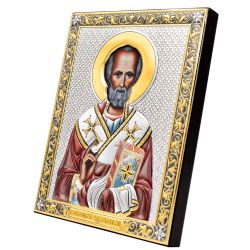 Икона Николая Чудотворца в серебряном окладе. 14 × 18 см.