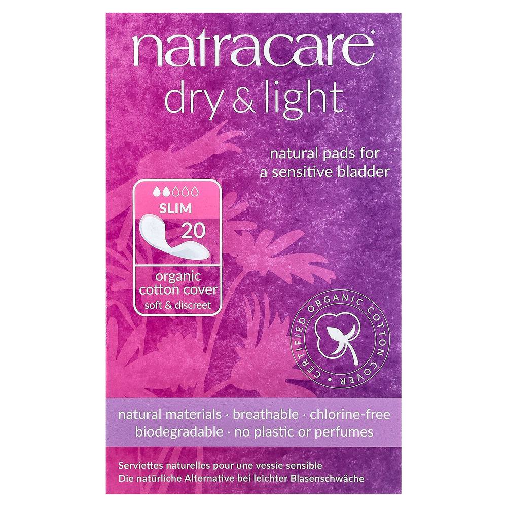 Natracare, Dry & Light, поверхность из органического хлопка, тонкая, 20 прокладок