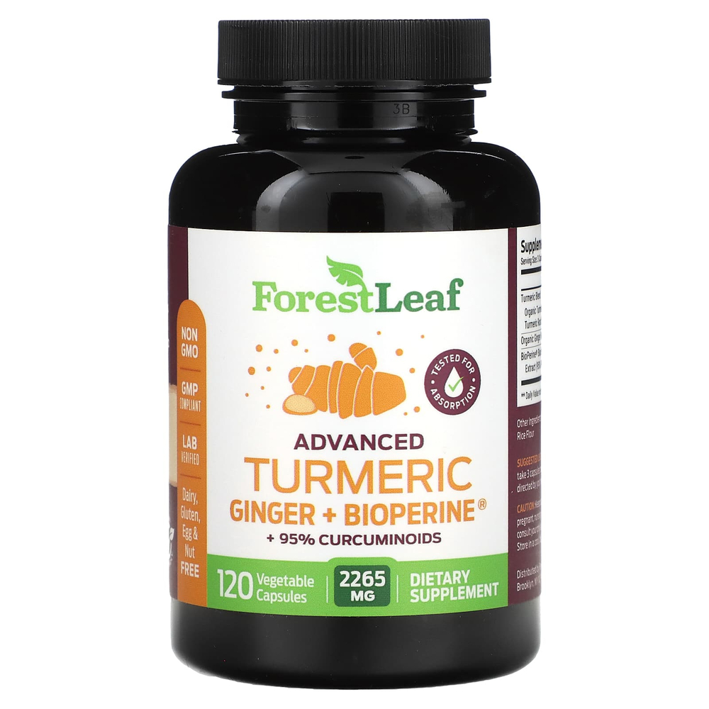 Forest Leaf, улучшенная формула, куркума и имбирь + Bioperine, 120 растительных капсул