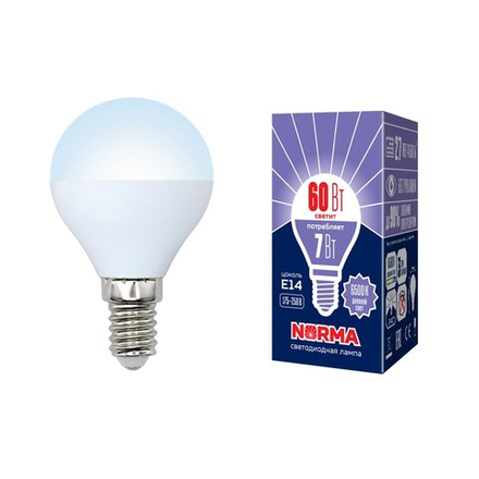 LED-G45-7W-DW-E14-FR-NR Лампа светодиодная. Форма шар. матовая. Серия Norma. Дневной белый свет 6500K. Картон. ТМ Volpe