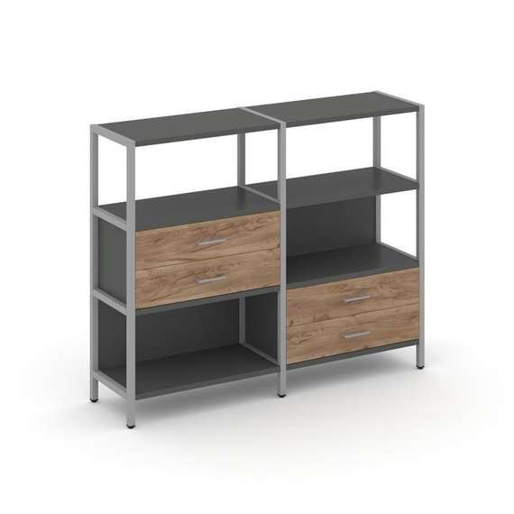 Shelf System Двухсекционный стеллаж трехярусный с ящиками SN.STM-323 Антрацит/Дуб Табак/Металл Серый
