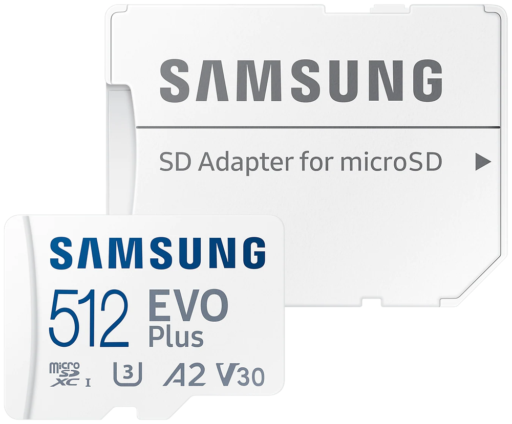Карта памяти Samsung EVO Plus microSDXC 512 ГБ Class 10, V30, A2, UHS-I U3, R 130 МБ/с, адаптер на SD