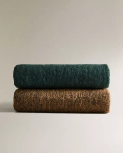 ZARA HOME ПЛЕД С БАХРОМОЙ, СИНИЙ