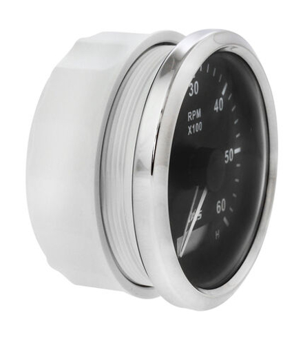 Тахометр 0-6000 об/мин со счетчиком моточасов делитель 0.5-250, черный циферблат, нержавеющий ободок