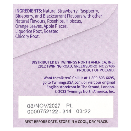 Twinings, Ароматизированный травяной чай, лесные ягоды, без кофеина, 20 чайных пакетиков, 40 г (1,41 унции)