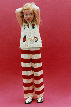 ZARA ТРИКОТАЖНЫЕ БРЮКИ В ПОЛОСКУ, ЭКРЮ/КРАСНЫЙ