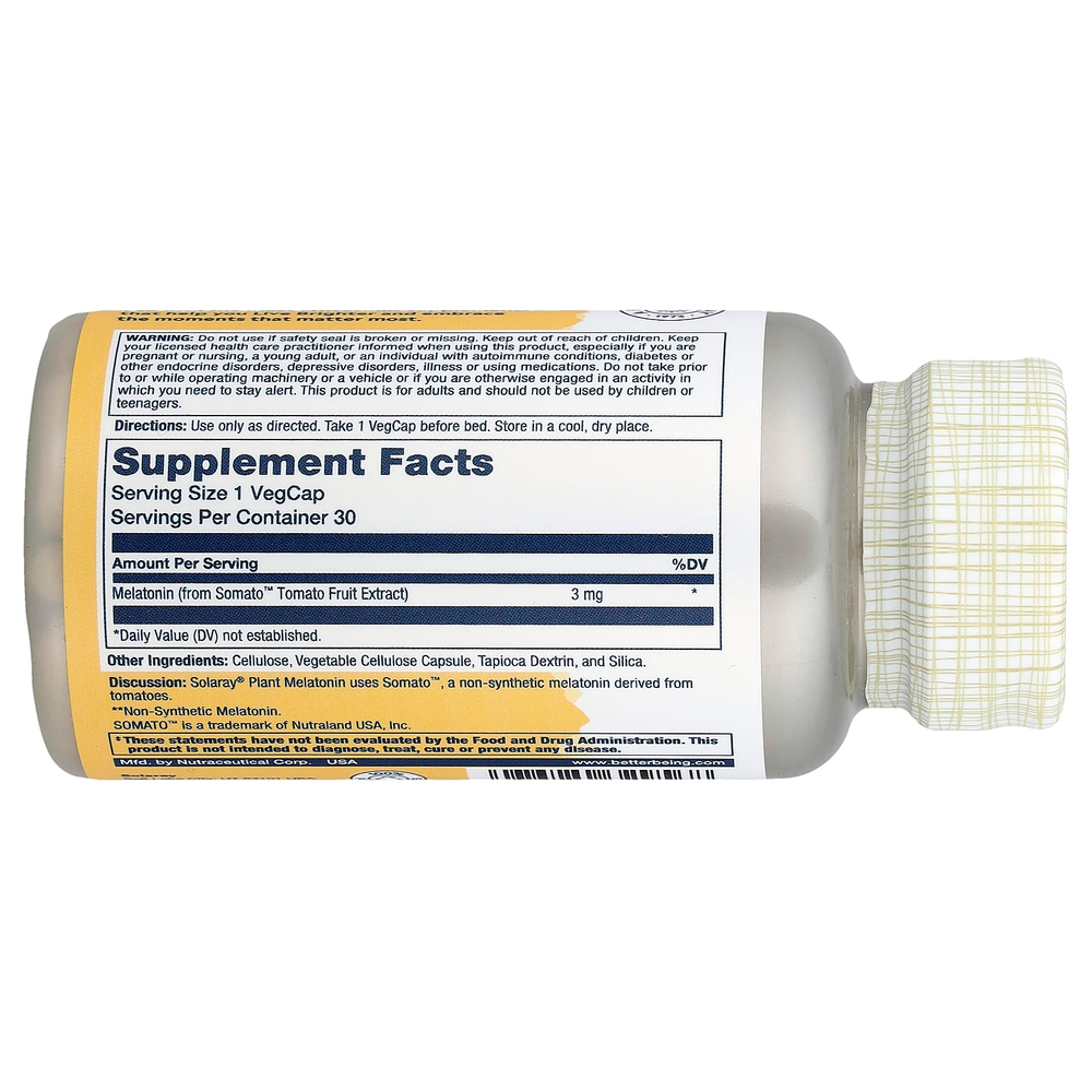 Solaray, растительный мелатонин, 3 мг, 30 вегетарианских капсул