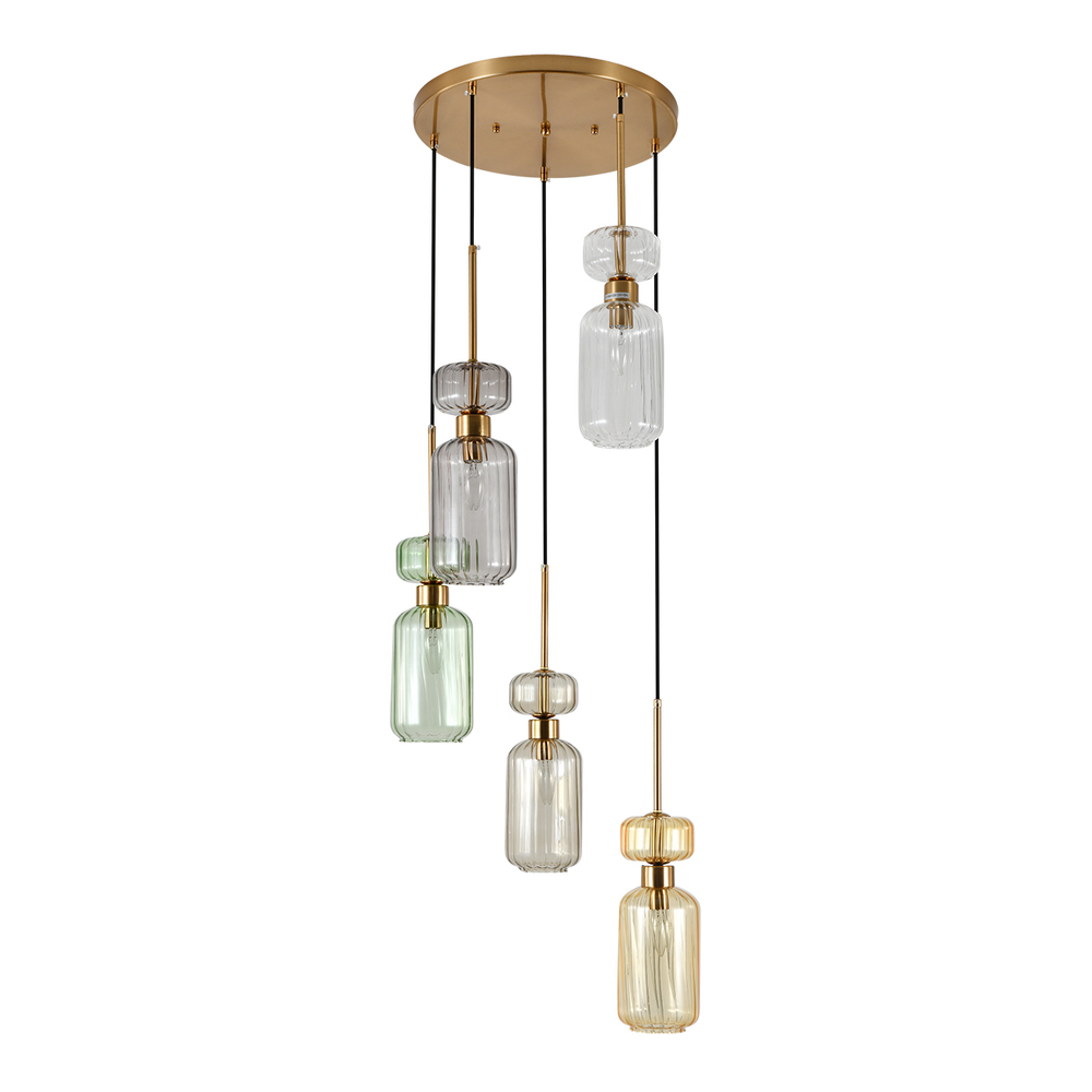 Подвесной светильник 5x60 E14, металл/стекло, античная медь, плафоны: прозрачный, бежевый, зеленый, дымчатый, янтарный