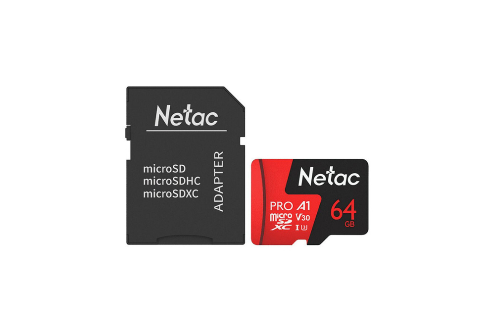 Карта памяти Netac MicroSD P500 Extreme Pro Class 10 UHS-I A1 V30 (100 Mb/s) + SD адаптер, 64GB
